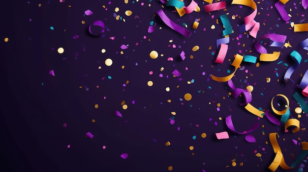 Un fond violet avec des confettis et un confetti doré.