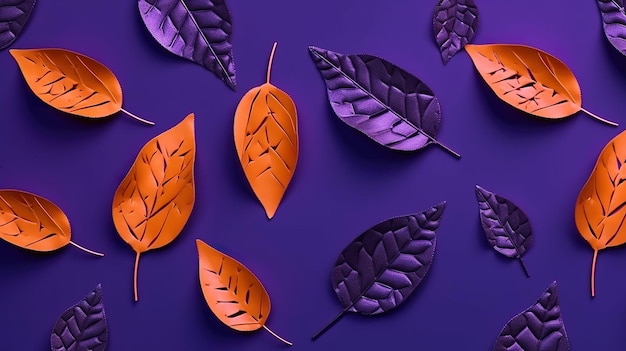 Un fond violet avec des feuilles dessus et le mot automne en bas.