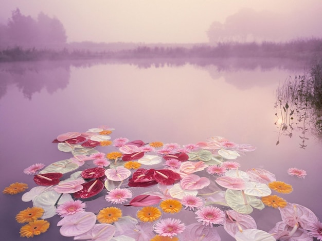 Un fond violet avec des fleurs flottant sur l'eau.