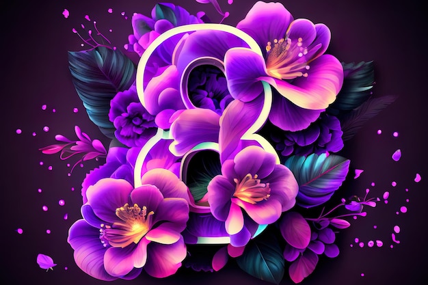 Fond violet floral attrayant avec néon coloré numéro 8 Ai générative