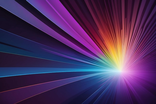 Photo sur un fond violet foncé, des rayons de lumière multicolores se croisent à un point.
