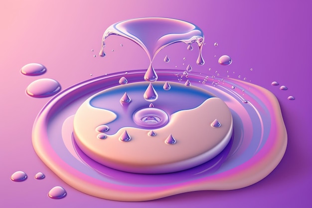 Sur fond violet, une goutte d'eau tombe dans une boîte de Pétri avec un liquide clair provoquant des ondulations