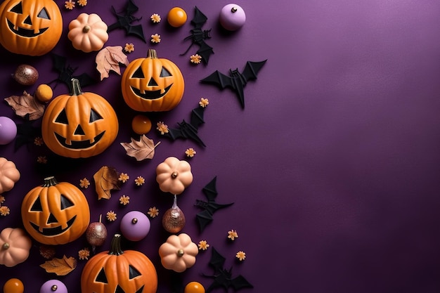 fond violet halloween design jack o lantern et cadre de chauves-souris