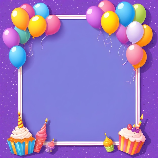 un fond violet avec une image de ballons et une image d'un gâteau d'anniversaire avec les mots fête d'anniverde