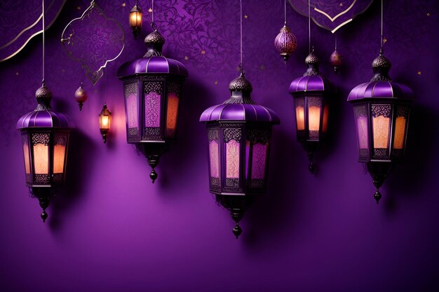 un fond violet avec des lanternes suspendues et les mots Eid Mubarak