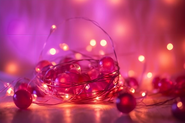 Un fond violet avec des lumières de Noël rouges