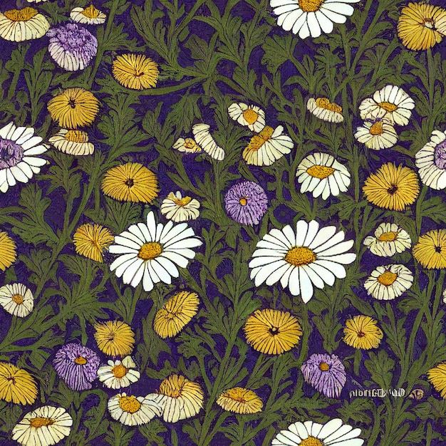 Un fond violet avec un motif de marguerites et d'autres fleurs.