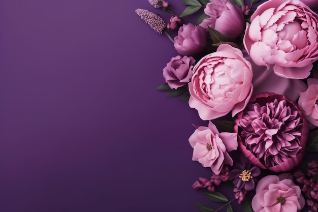 Un fond violet avec pivoines et pivoines.