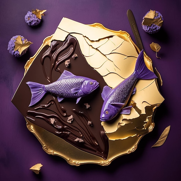 Un fond violet avec une plaque d'or avec des poissons dessus