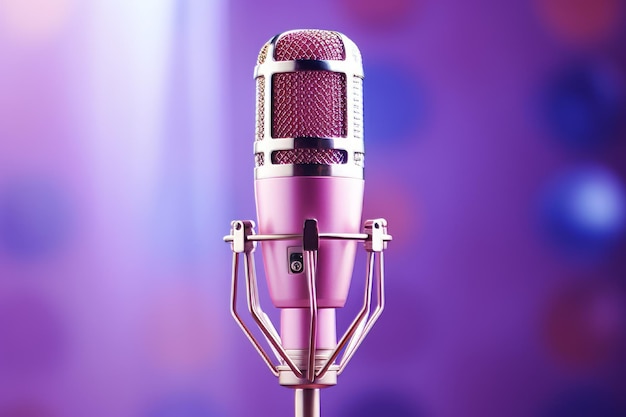 Fond violet rose renforçant votre voix avec un microphone professionnel pour le podcast ou l'enregistrement