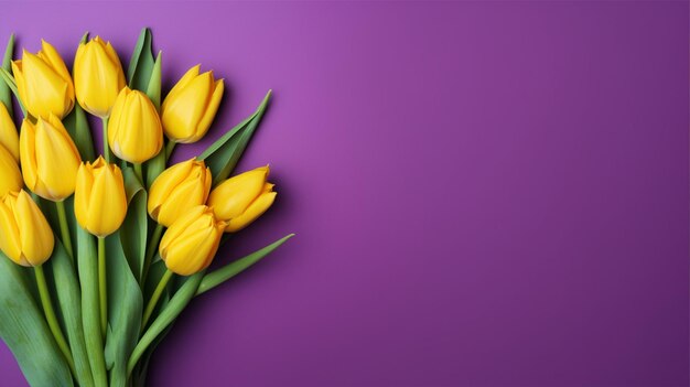 Photo un fond violet avec des tulipes jaunes dessus