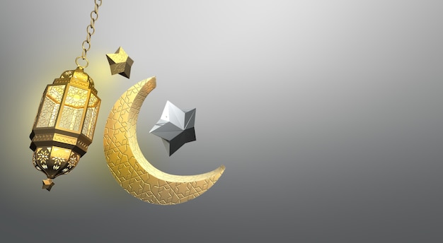 Fond de voeux islamique avec étoile de lanterne en croissant de lune et motif arabe