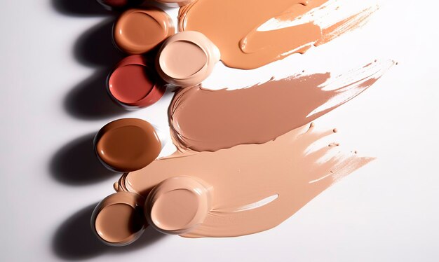 La fondation de maquillage se frotte sur différents tons de peau BB CC crème fondation taches tonales sur fond blanc Texture de la fondation de make-up Ensemble d'échantillons de cosmétiques décoratifs générés par l'IA