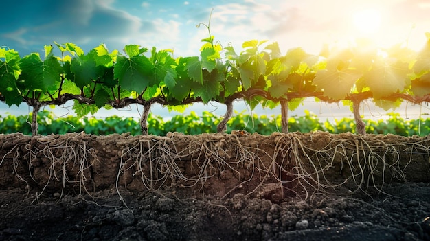 Le fondement de la vinification Les racines de la vigne dans un sol fertile