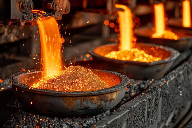 Fonderie industrielle versant du métal fondu du four dans des moules dans une usine d'acier