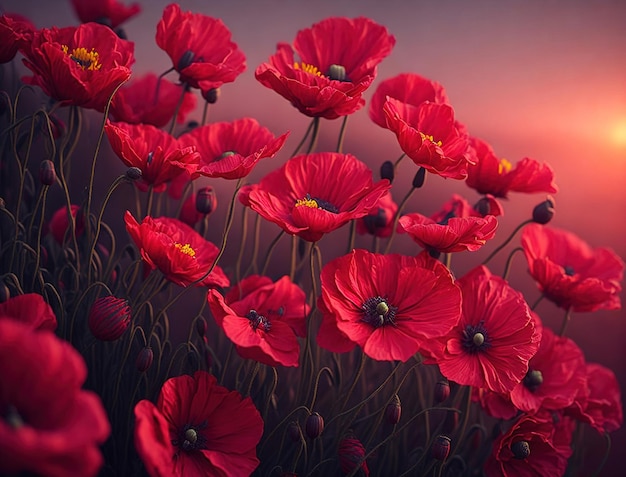 Fonds d'écran Fleurs rouges au coucher du soleil