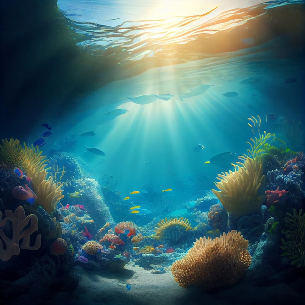Fonds marins tropicaux sous-marins avec récif et soleil