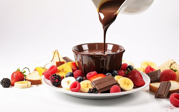 Photo fondue au chocolat sur un fond blanc photo de nourriture générée par une publicité professionnelle