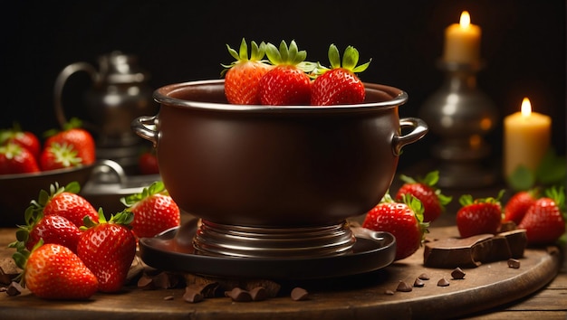 Fondue au chocolat, fraises fraîches