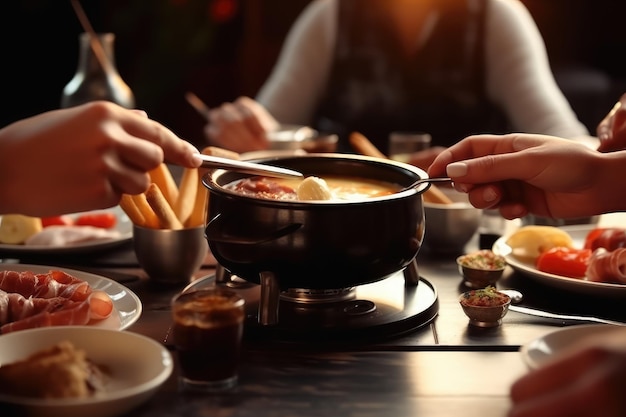 Fondue au fromage avec set à fondue croûton de pain et beaucoup de fromage AI Generated