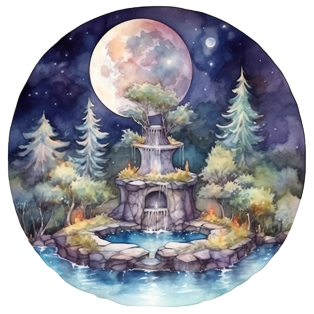 Fontaine aquarelle fantastique dans l'illustration de la nuit