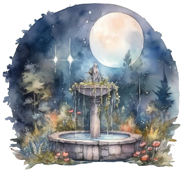 Fontaine aquarelle fantastique dans l'illustration de la nuit