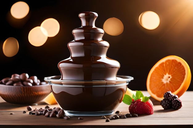 Fontaine de chocolat avec du chocolat et des fraises sur une table