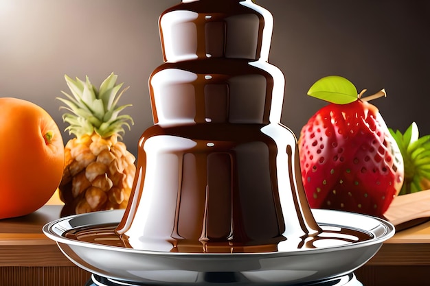 Une fontaine de chocolat est sur une assiette avec une fraise sur le côté.