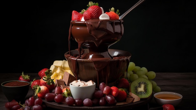 Une fontaine de chocolat avec des fraises et des fraises sur le dessus.