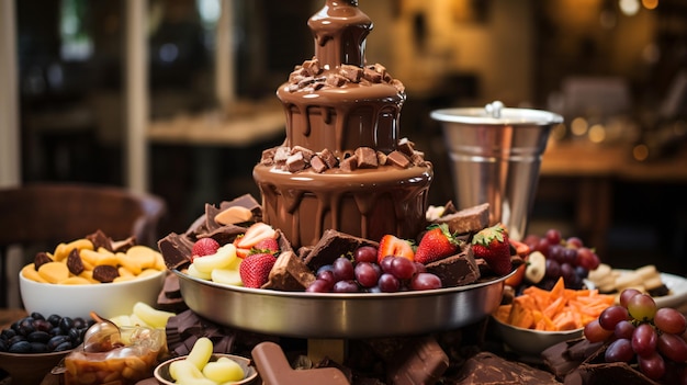 Une fontaine de chocolat remplie de fruits.