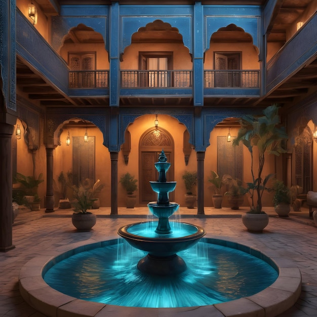 Photo une fontaine dans la cour d'une maison arabe