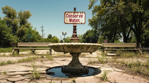 Photo une fontaine d'eau sous un panneau de conservation de l'eau.