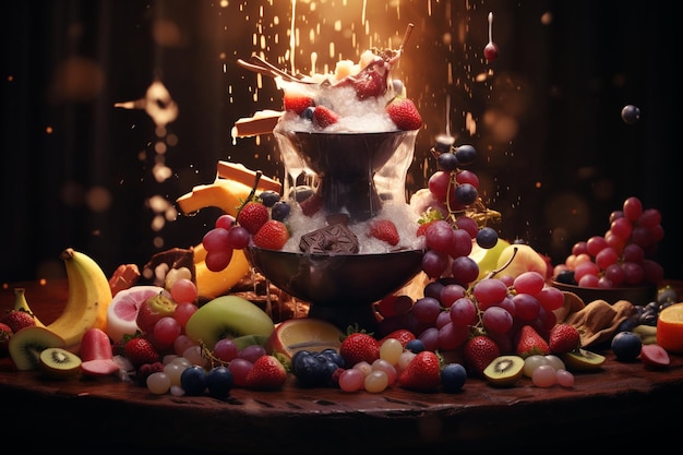 Photo une fontaine de fondue au chocolat somptueuse entourée d'un 00441 01