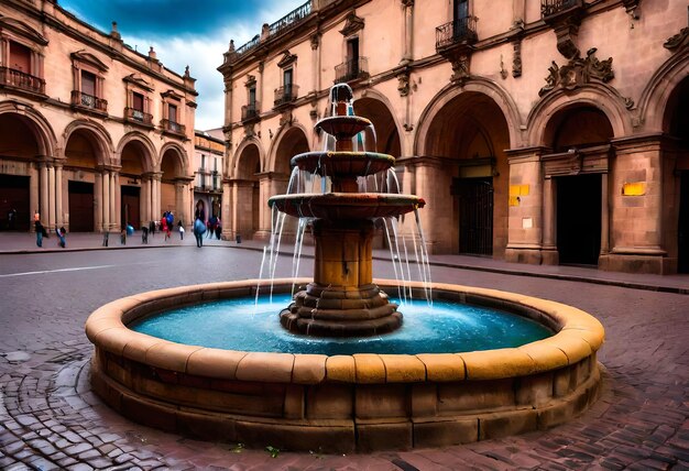 Une fontaine avec une fontaine d'eau bleue devant un bâtiment