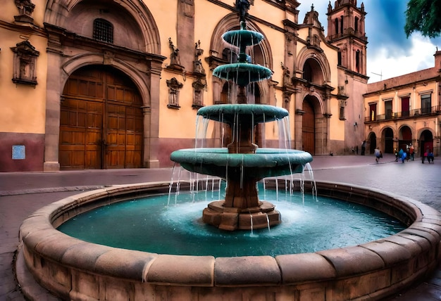 Une fontaine avec une fontaine d'eau verte devant un bâtiment