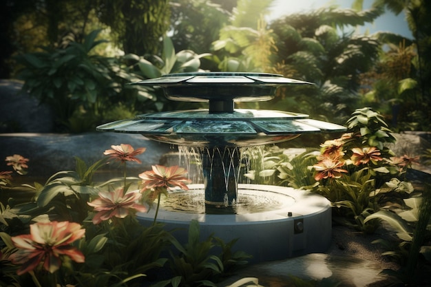 Fontaine de jardin à énergie solaire dans un jardin botanique génératif ai