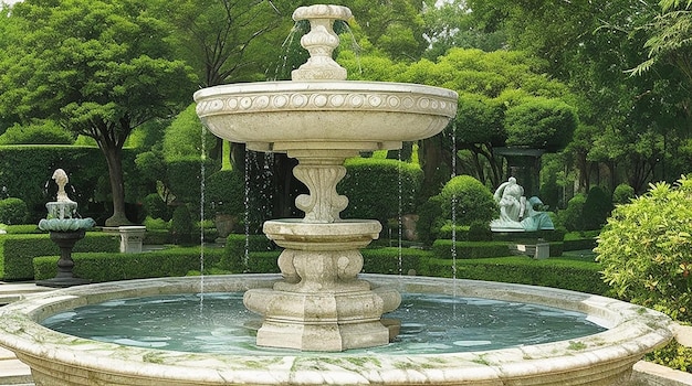 Une fontaine en marbre finement sculptée entourée d'une végétation luxuriante