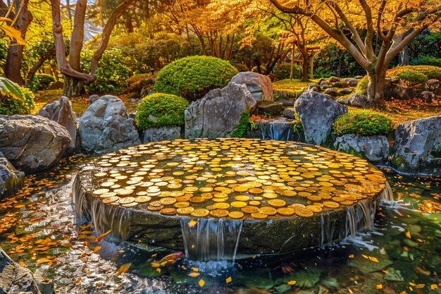 Une fontaine de pièces d'or pleut dans le parc.