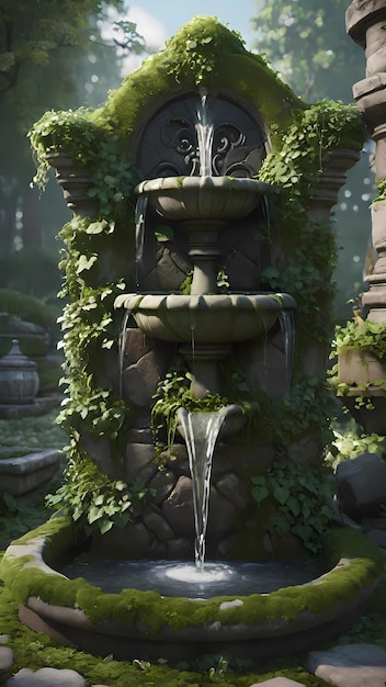 Une fontaine en pierre mossée avec un fond de papier peint d'illustration de lierre