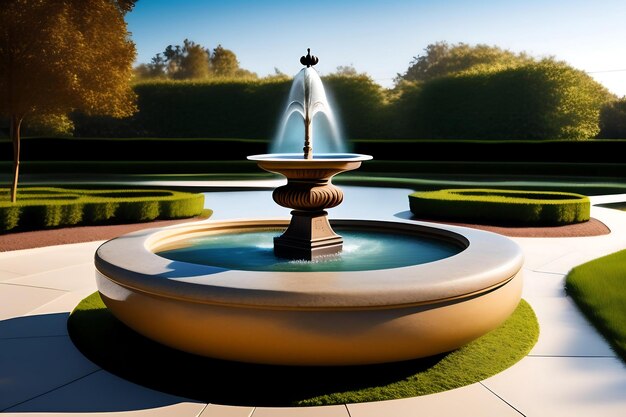 Une fontaine simple et élégante au centre.