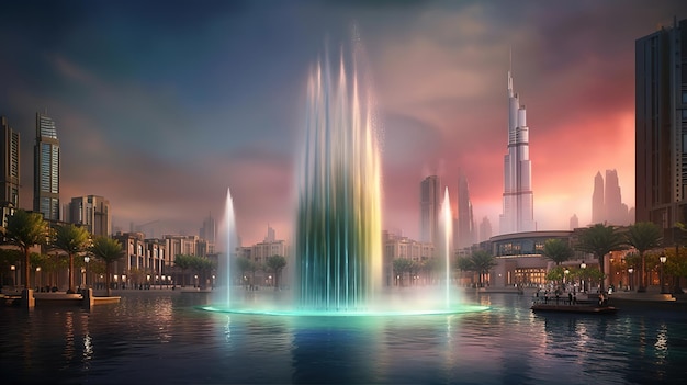 Des fontaines dans le centre commercial de Dubaï surplombant le paysage urbain et les bâtiments de Dubaï