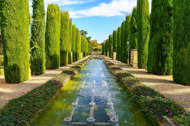 Fontaines d'eau douce à côté de cyprès coupés en ligne dans les jardins de l'Alcazar de Cordoba. Espagne.