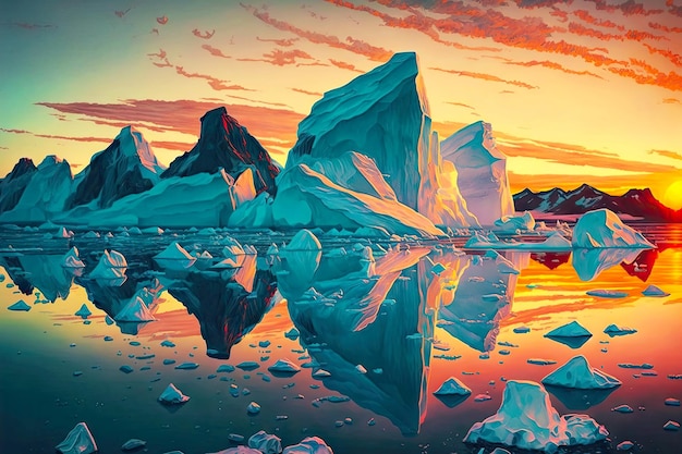 Fonte des icebergs flottants sur fond de ciel coucher de soleil et de rivage de montagne