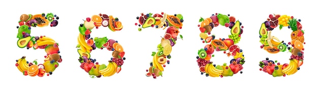Photo fonts alimentaires numéros faits de fruits et de baies conception de bannières d'ingrédients alimentaires sains