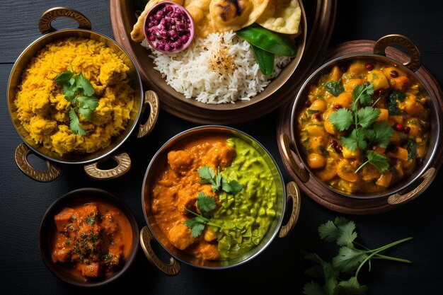 Photo food curry butter chicken palak paneer chicken tikka biryani vegetable curry papad dal