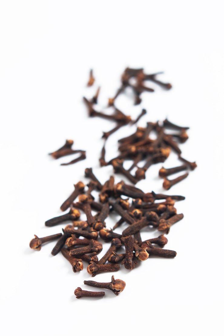Photo food spices concept mise au point organique clous de girofle sur fond blanc
