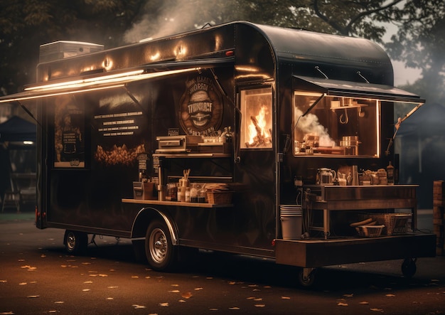 Un food truck barbecue servant des viandes fumées