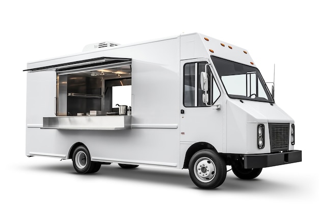 Un food truck blanc avec le mot food sur le côté.