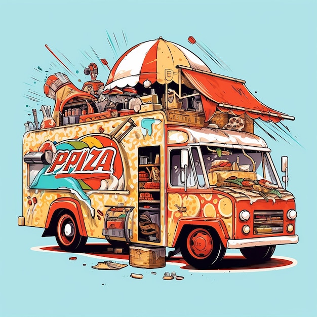 Un food truck coloré avec une publicité colorée pour une pizza.