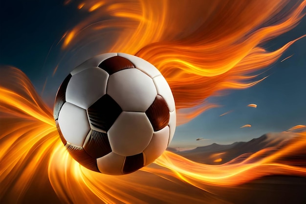 Photo un football 3d en flamme de feu et volant dans le ciel sombre ai générative